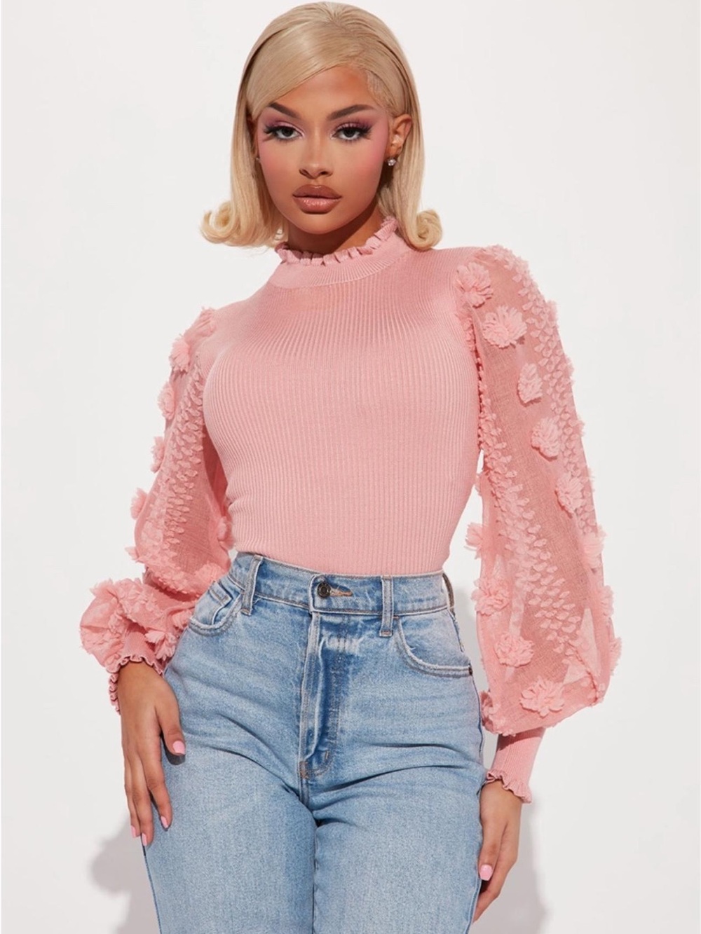Size M Pink Floral Puff Sleeve Sweater Women's Spring Summer Casual Top NWT